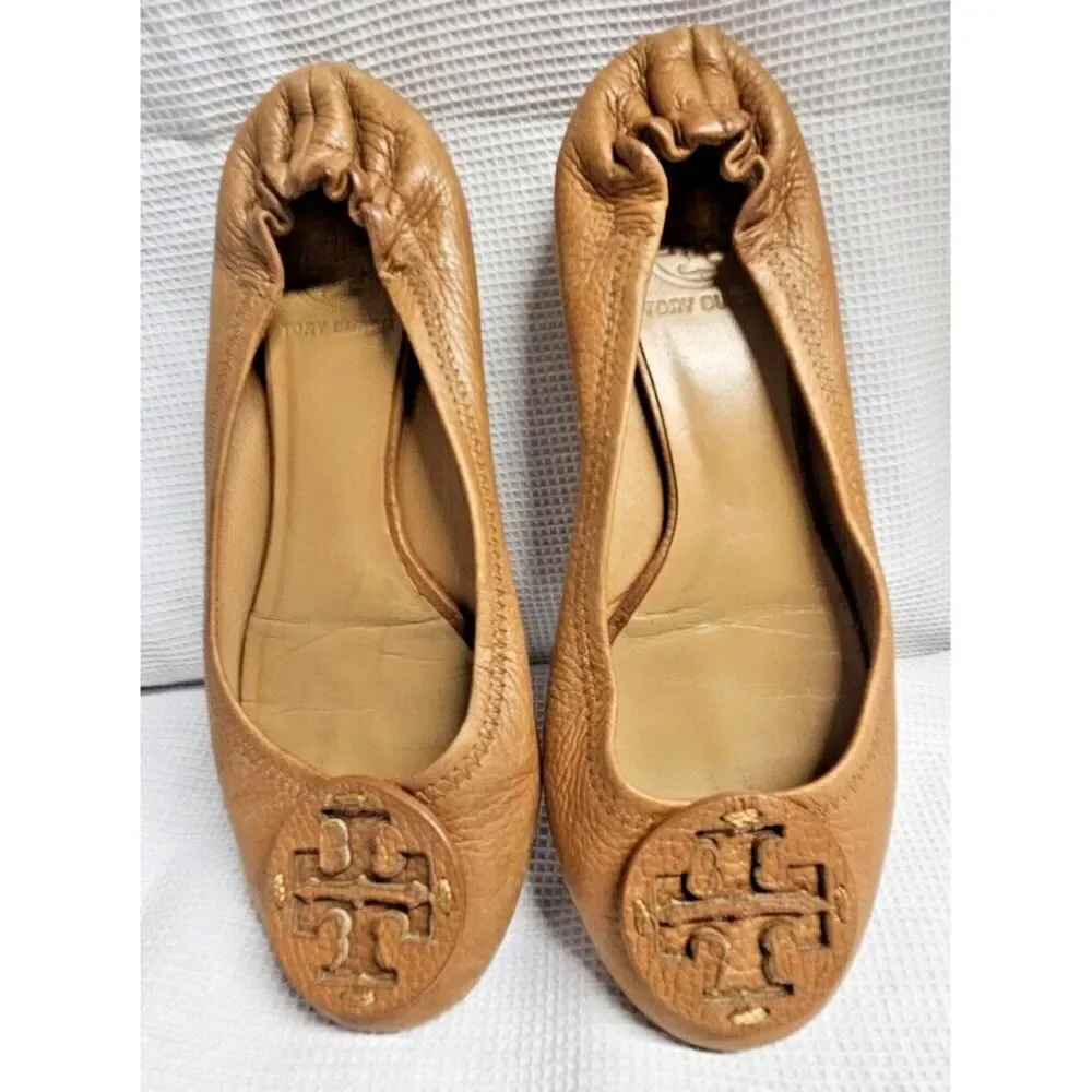 TORY BURCH Minnie travel ballet flat camel pebbled all leather upper woman Sz 6M